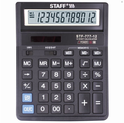 Калькулятор настольный STAFF STF-777, 12 разряд, 2 питание, пластик, черный, 210x165 мм, Китай