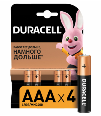 Батарейка AAA (мизинчиковая, R03, LR03, 286, 24A, 24D), щелочная  (4шт)  блистер, _ Duracell, Китай